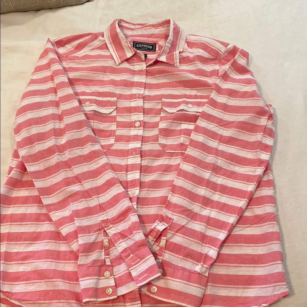Express Pink and White Striped Button Down Shirt